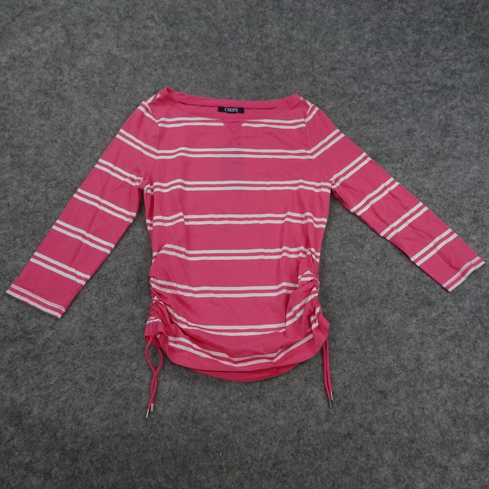 Chaps Ralph Lauren Top Womens XS Rouched Shirt Pink White Cotton Striped B